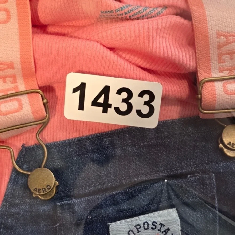 Aeropostale Kids Baby Girl Denim Shortalls Ruffle Bodysuit Set Pink Blue 24M